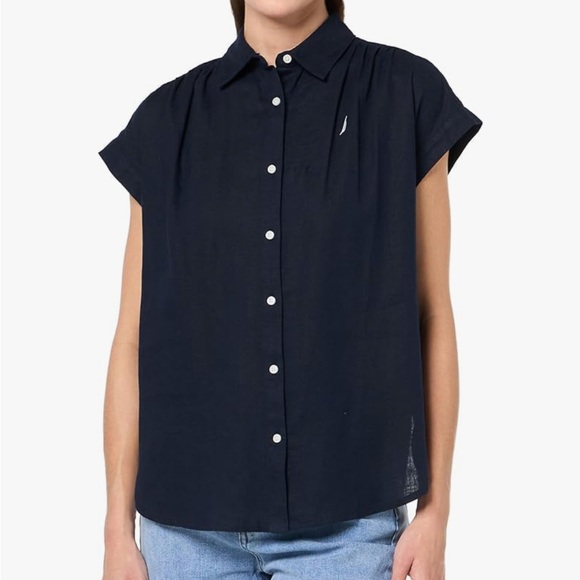 Nautica Women's Navy Linen Blend Short Sleeve Button Up Shirt Sz L - Picture 1 of 10